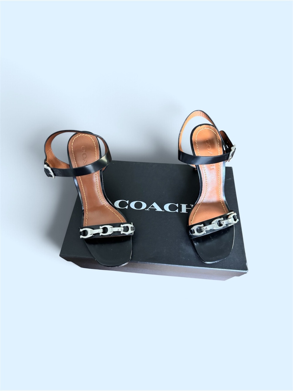 Coach Black Leather Open-Toe Heels with Silver Chain Accent